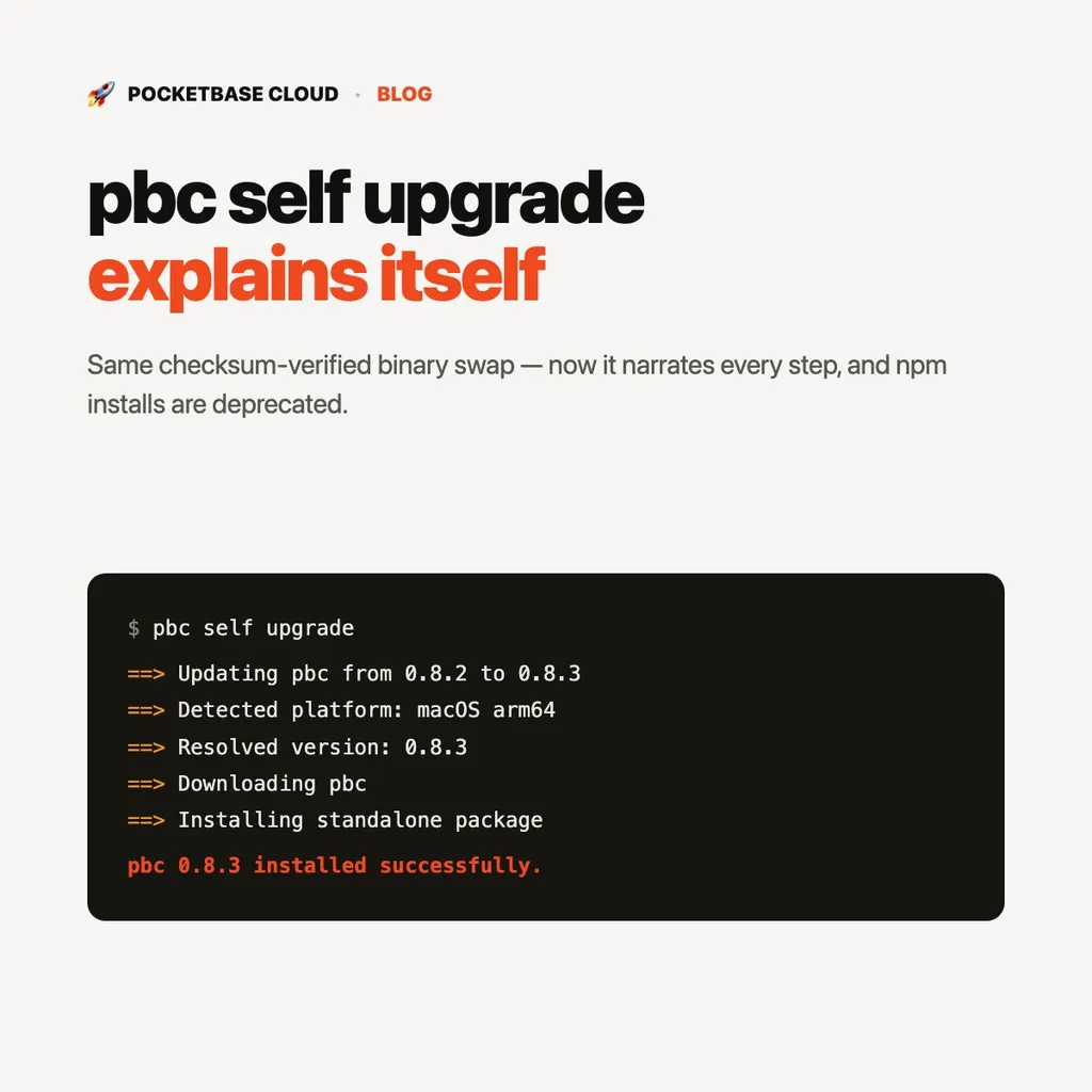 A Cleaner pbc self upgrade, and the End of npm Releases