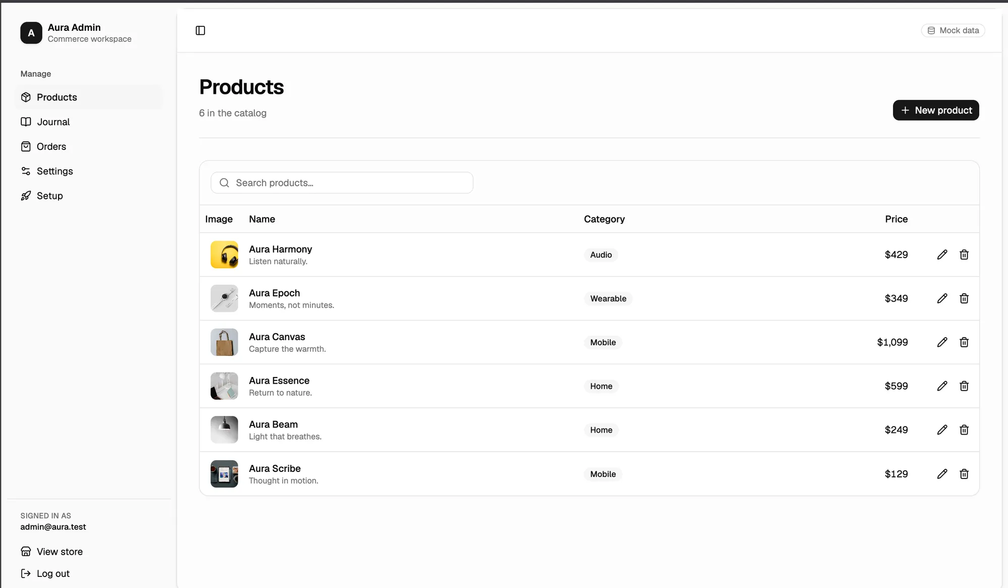 The Aura admin listing the product catalogue